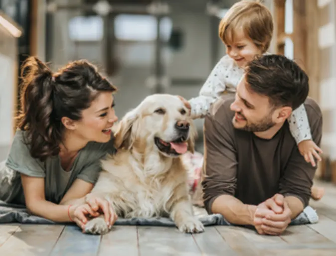 Family Laying on the Ground with Golden Retriever Family Laying on the Ground with Golden Retriever