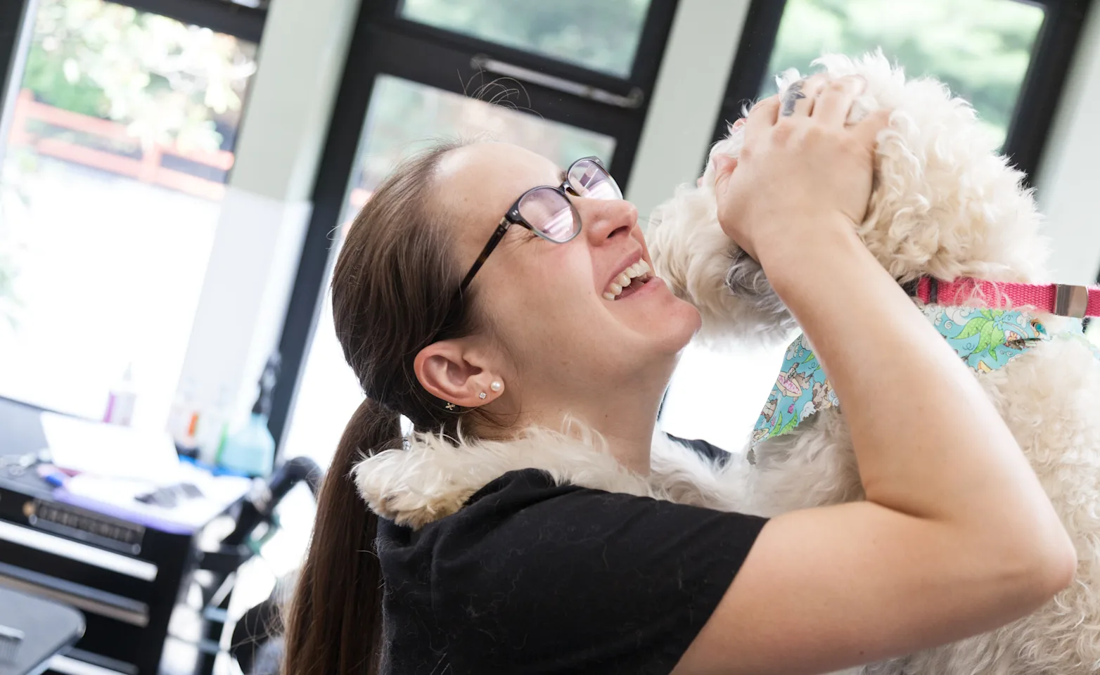 Dog licking staff member Dog licking staff member