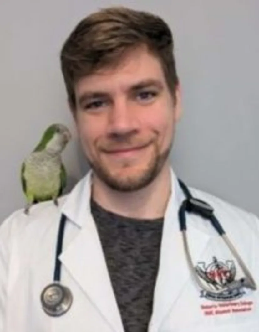 Dr. Nathan Schachtschneider with a green bird on his shoulder