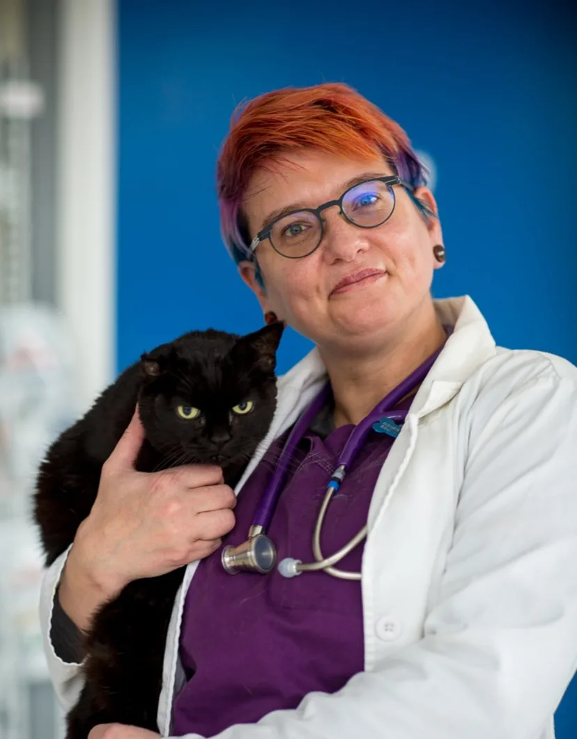 Dr. Elizabeth Hughs with black cat at at Tacoma Animal Hospital
