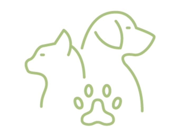 Drawn icon of dog and cat back to back with paw logo in front 