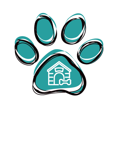 Paw icon with dog house on it, dog boarding at Bowhaus Colorado