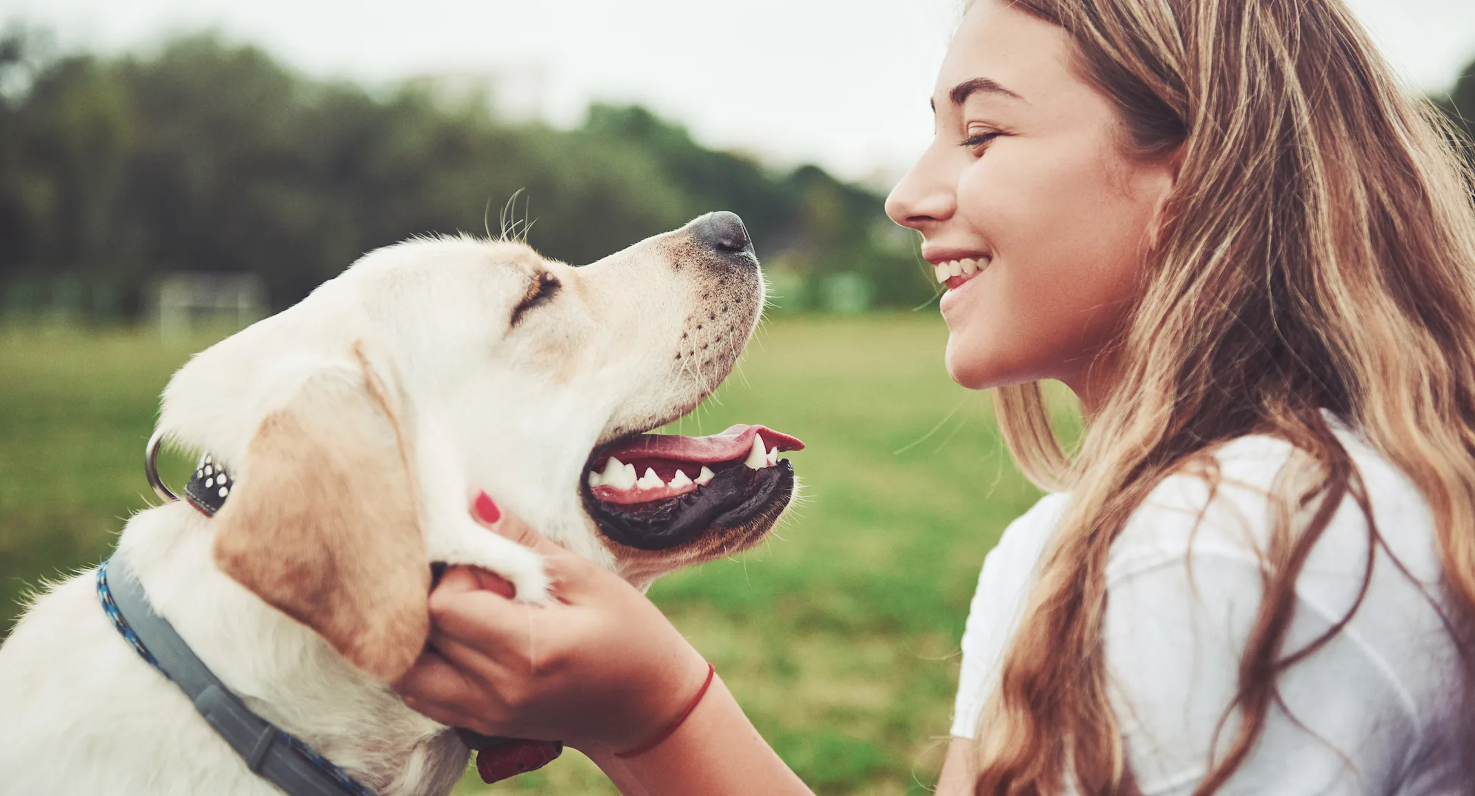 Dog and woman looking at each other smiling