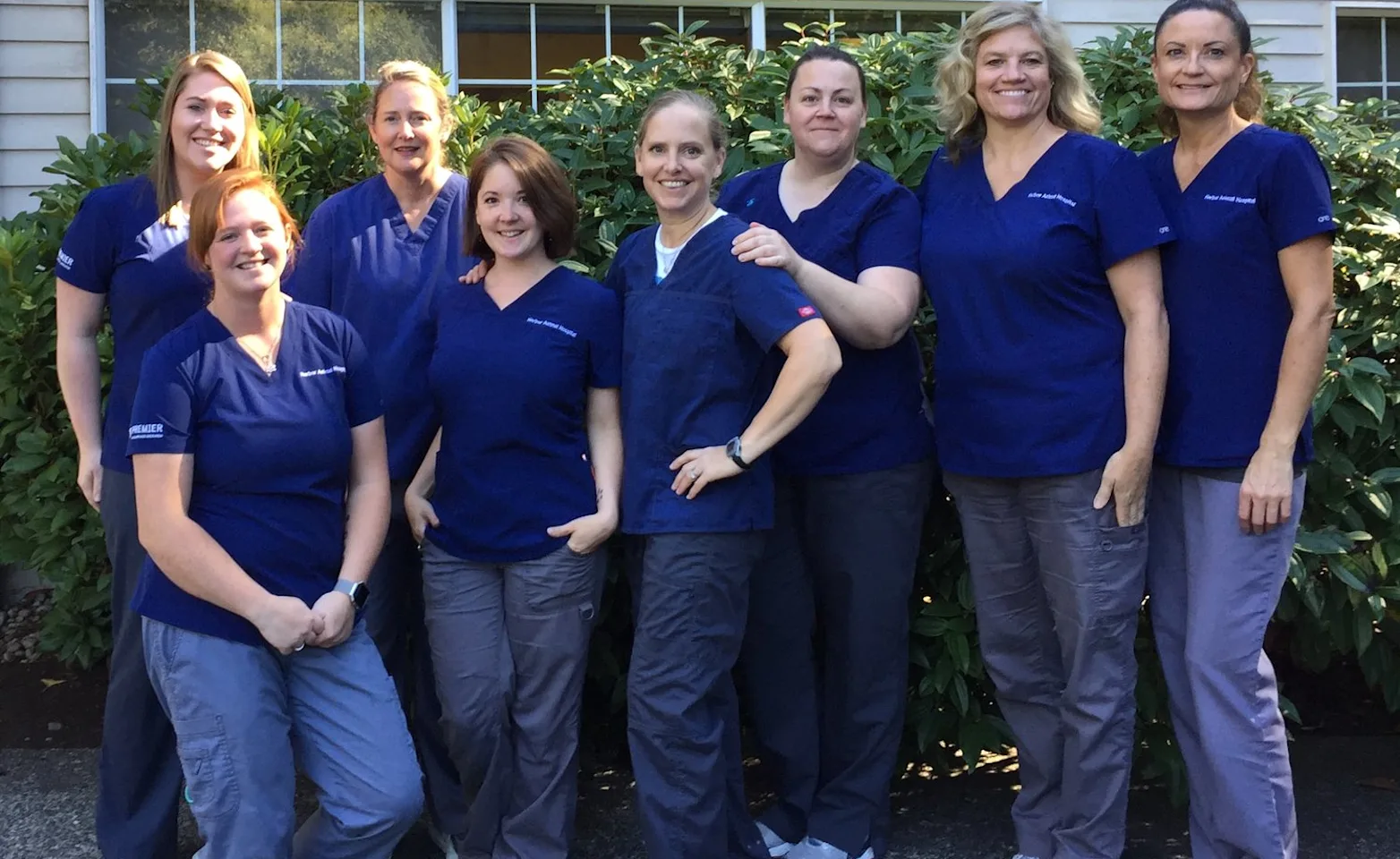 Harbor Animal Hospital Staff in blue scrubs smiling and posing together Harbor Animal Hospital Staff in blue scrubs smiling and posing together