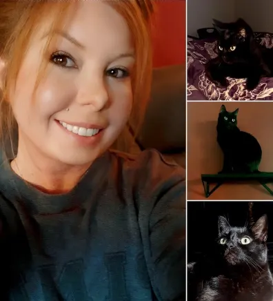 A collage of Corey and three black cats A collage of Corey and three black cats