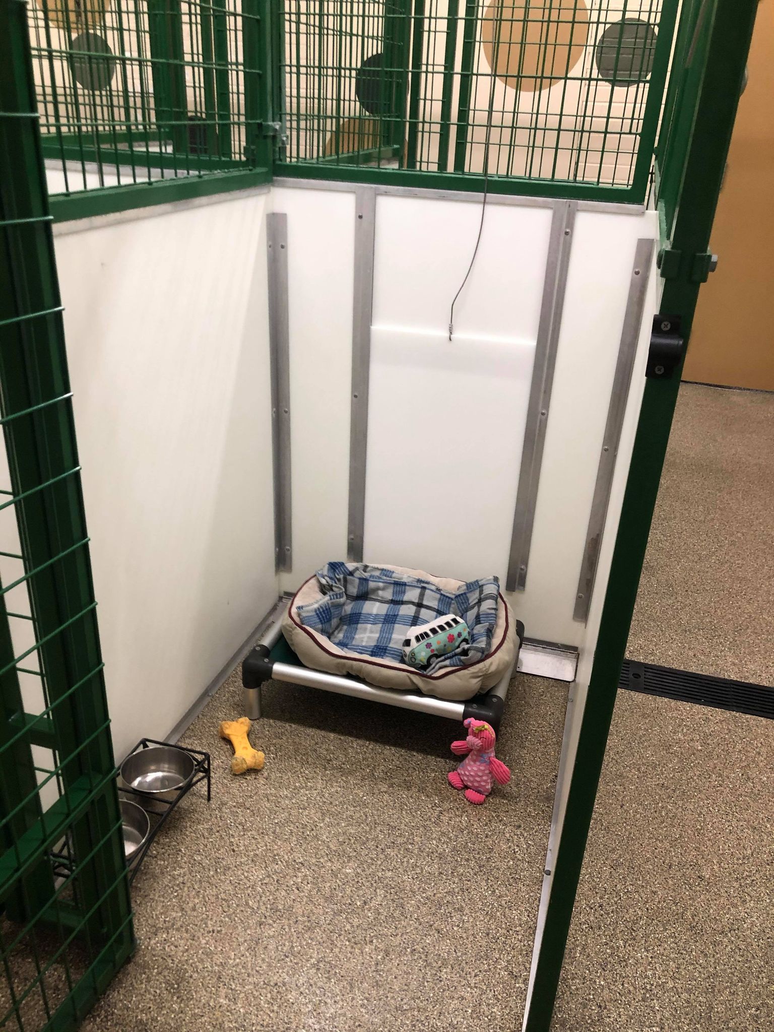 Boarding room green metal front angle