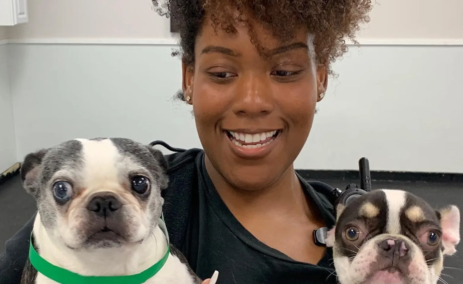 Posh Pet Hotel staff holding two cute dogs