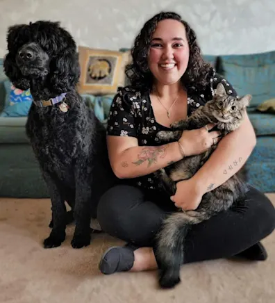 Morgan with a Brown Cat and a Black Dog Morgan with a Brown Cat and a Black Dog