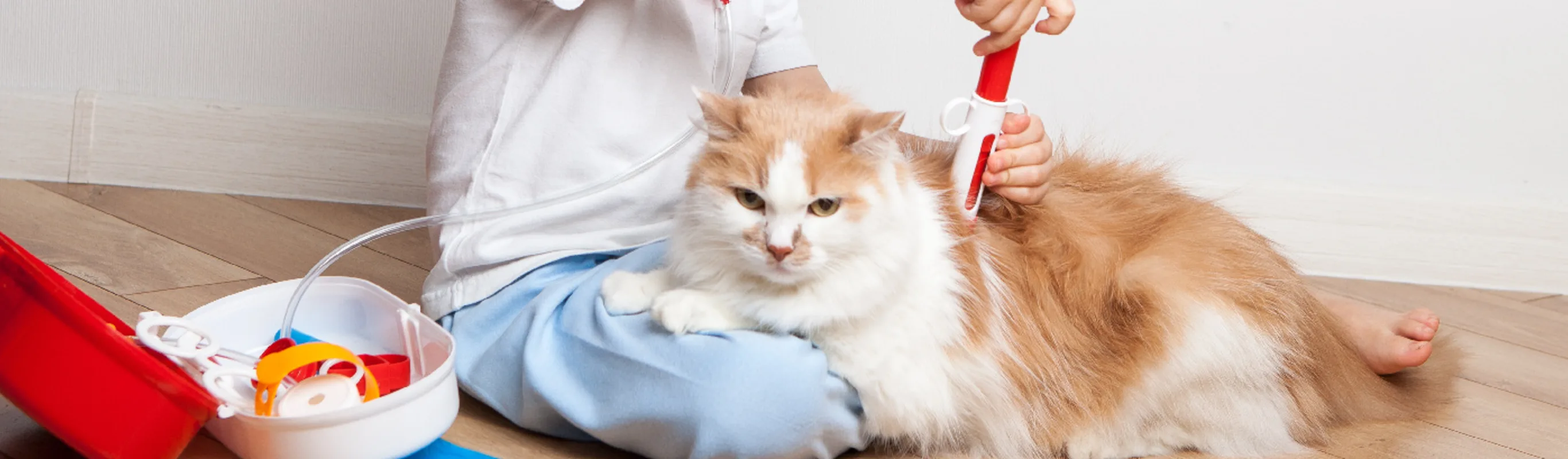 A child pretending to give a cat a check-up with a fake syringe