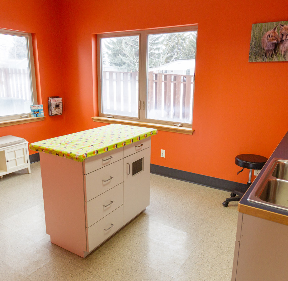 Orange exam room with yellow table