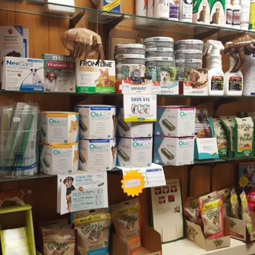 Raymond Animal Hospital's on-site pharmacy and products.