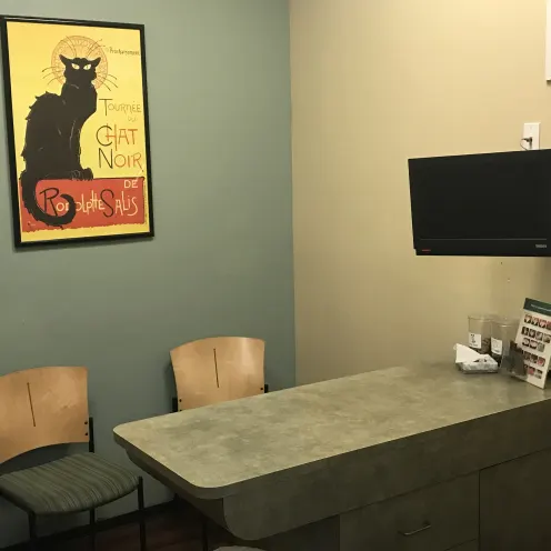 Telegraph Canyon Animal Medical Center's Checkup Room which consists of a checkup counter table, two chairs, and a mounted tv monitor