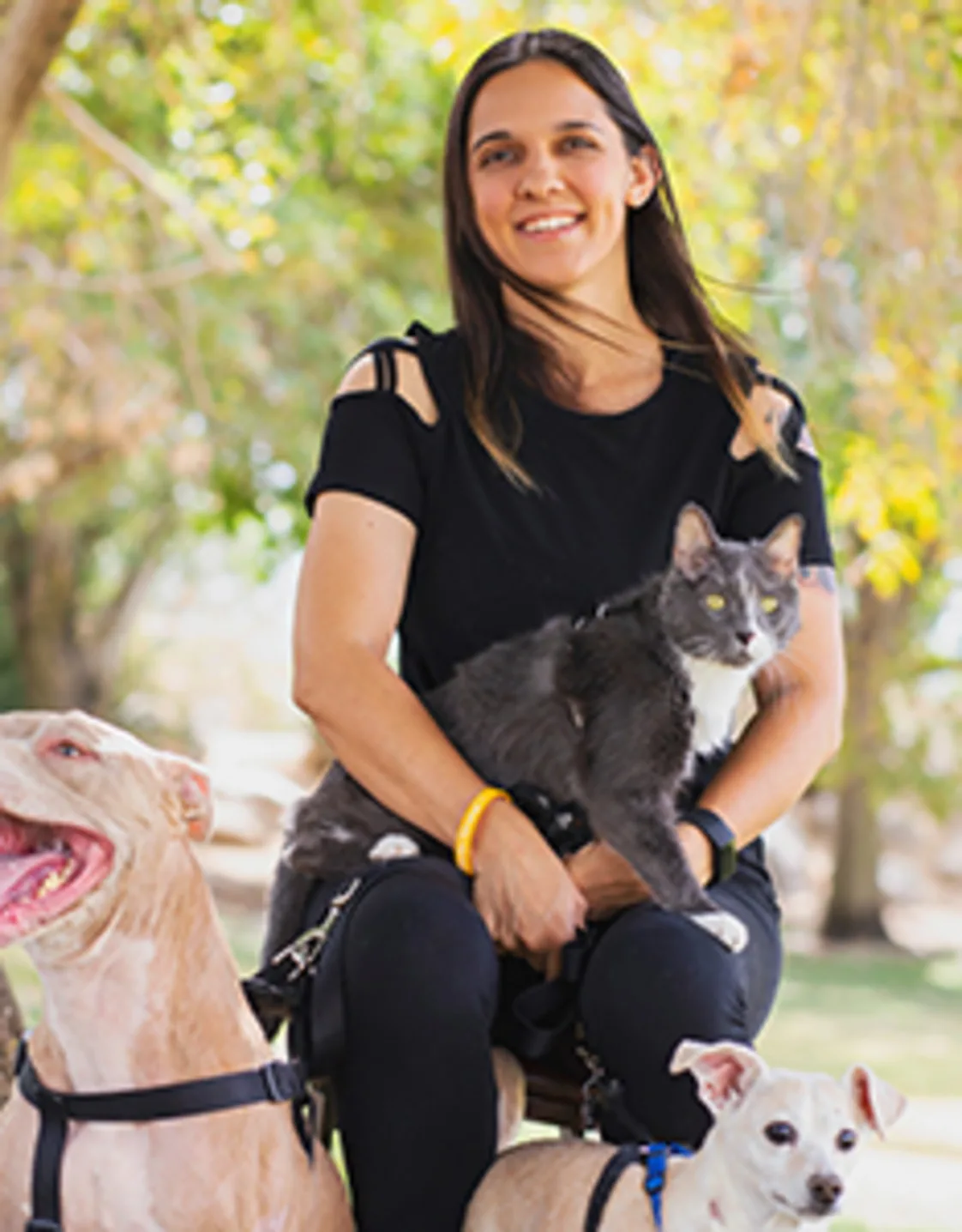 Angela Delano-Williams with a cat and two dogs Angela Delano-Williams with a cat and two dogs