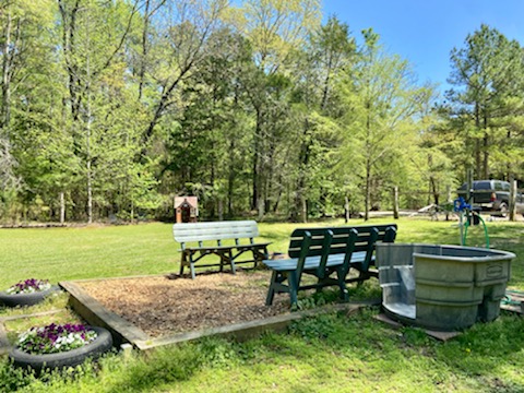 Sitting benches at the dog park.