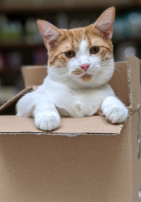 Orange and white cat in a box