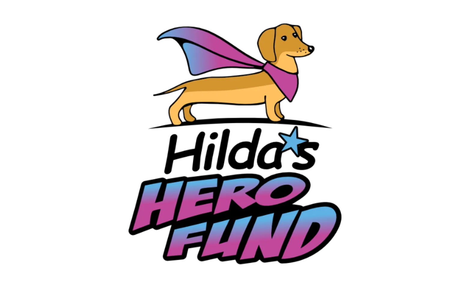 Logo for The Hilda's Hero Fund (Dachshund with cape)
