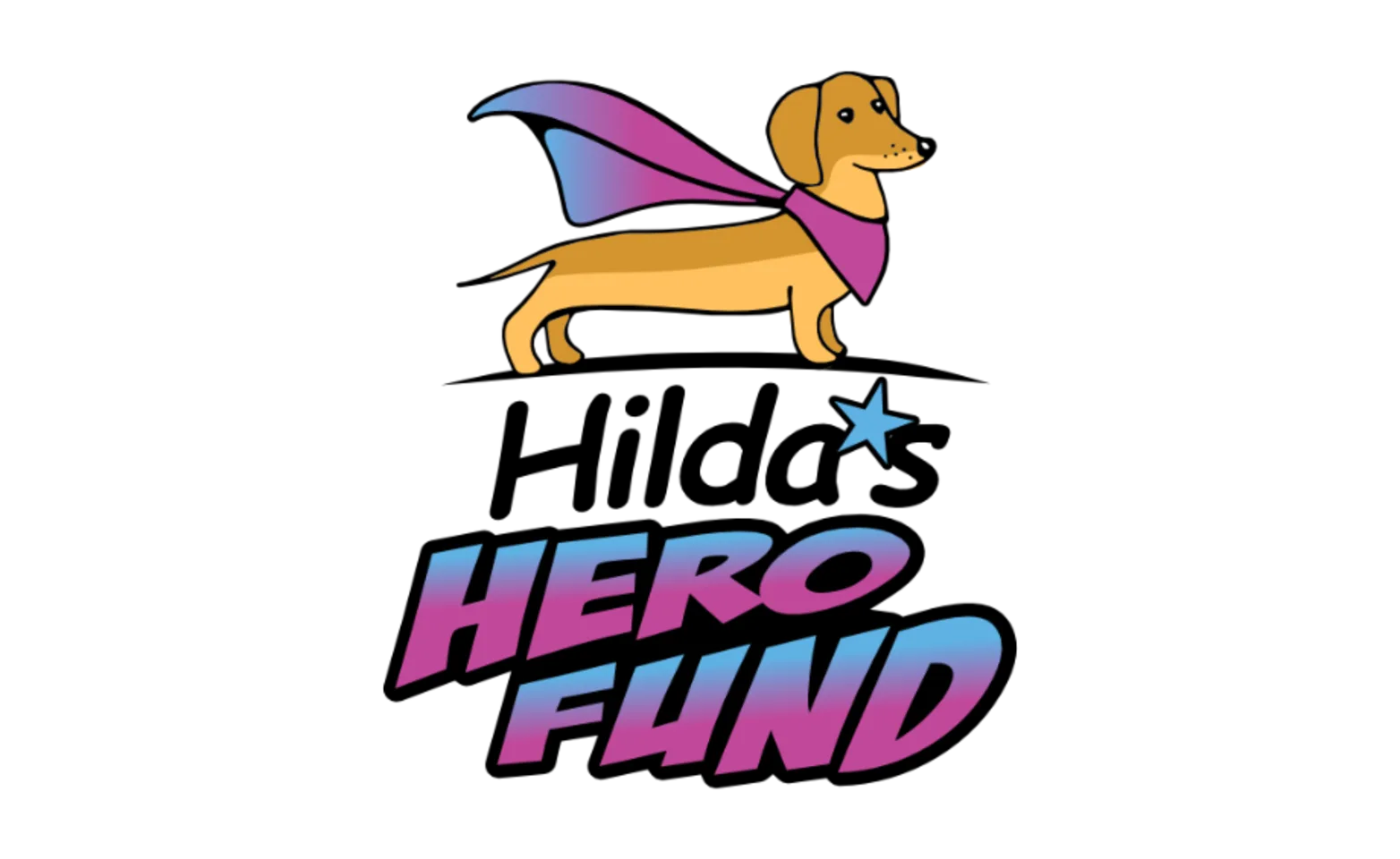 Logo for The Hilda's Hero Fund (Dachshund with cape)