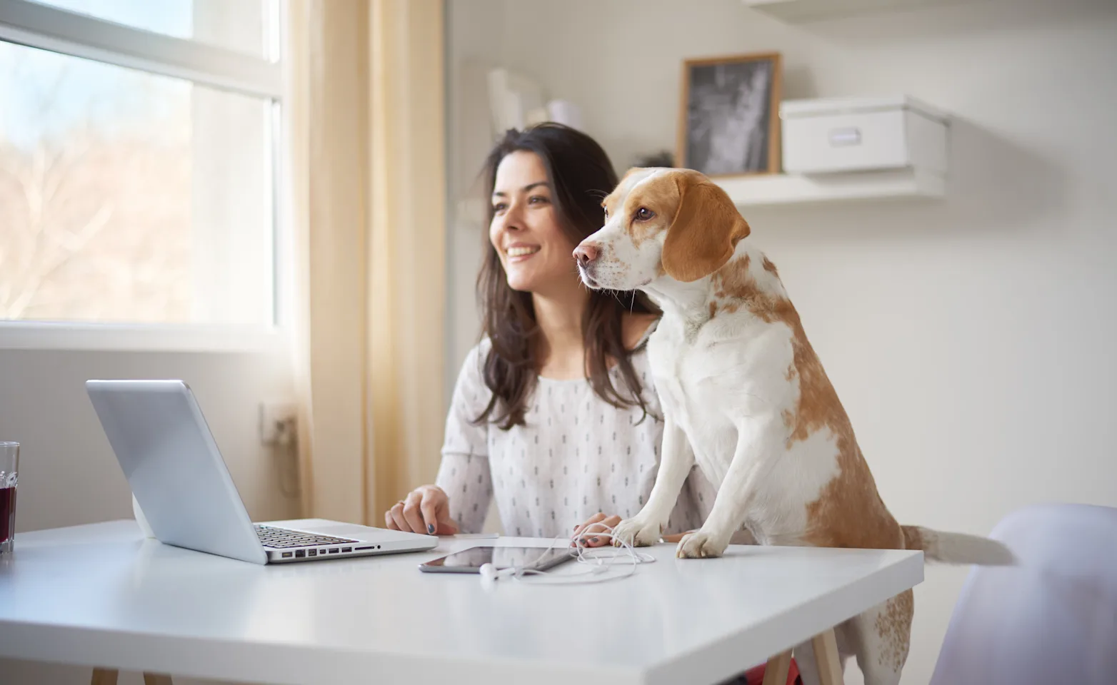 Woman with dog and laptop