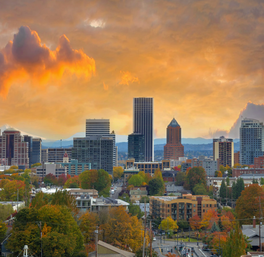 A photo of Portland, Oregon at sunset