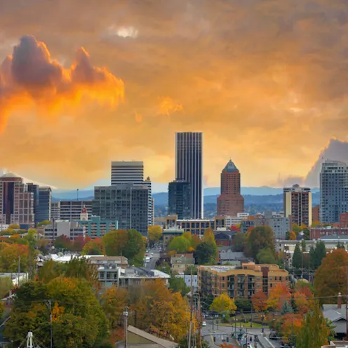 A photo of Portland, Oregon at sunset A photo of Portland, Oregon at sunset