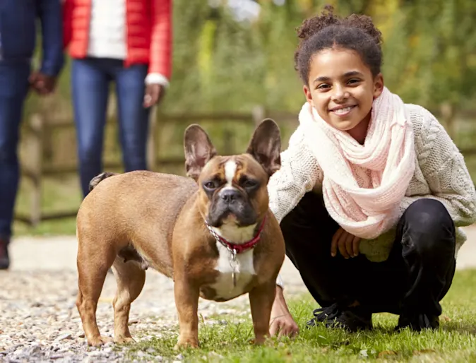 Group of people walking a dog