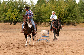 two people riding horses