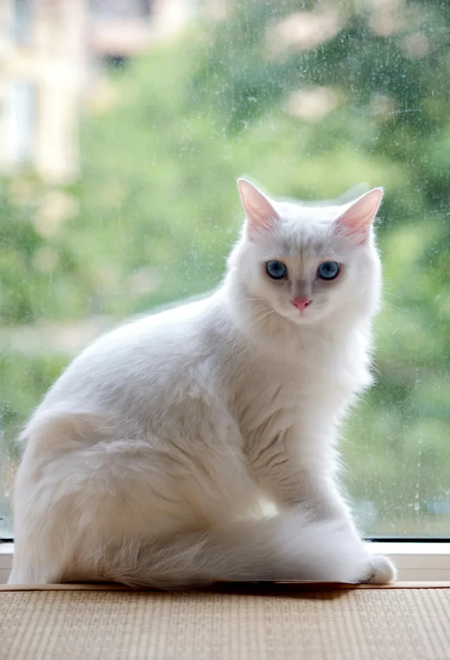 White cat on window sill White cat on window sill