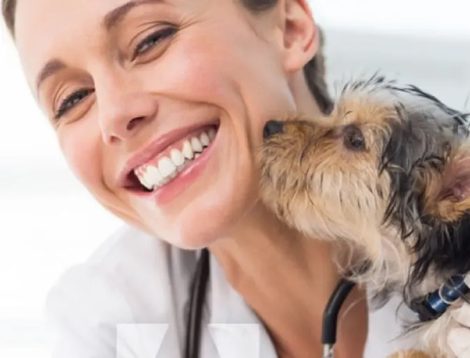 Dog Kissing Woman Doctor Smiling