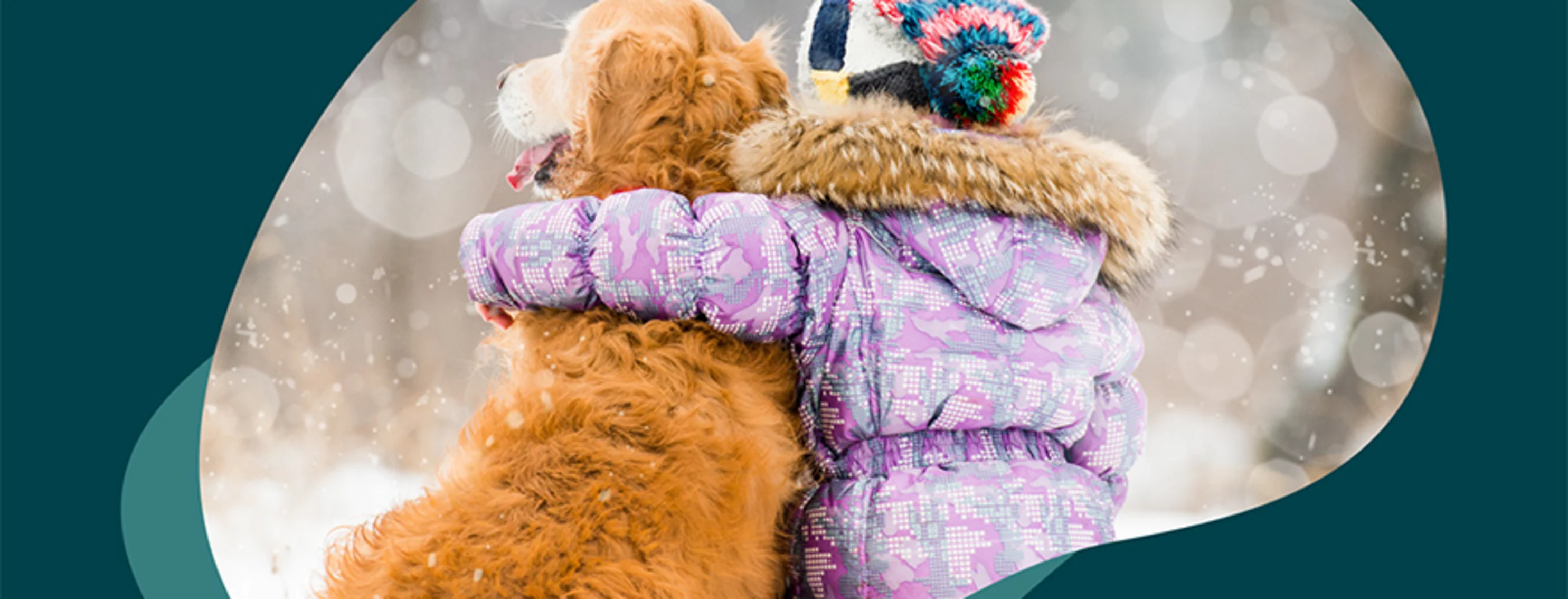 A child and dog sitting outside in the snow together A child and dog sitting outside in the snow together