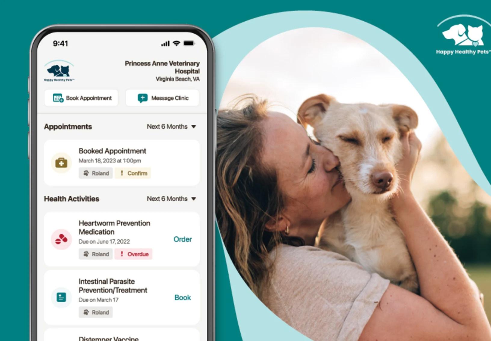 Happy dog and woman next to the Happy Healthy Pets app screenshot Happy dog and woman next to the Happy Healthy Pets app screenshot