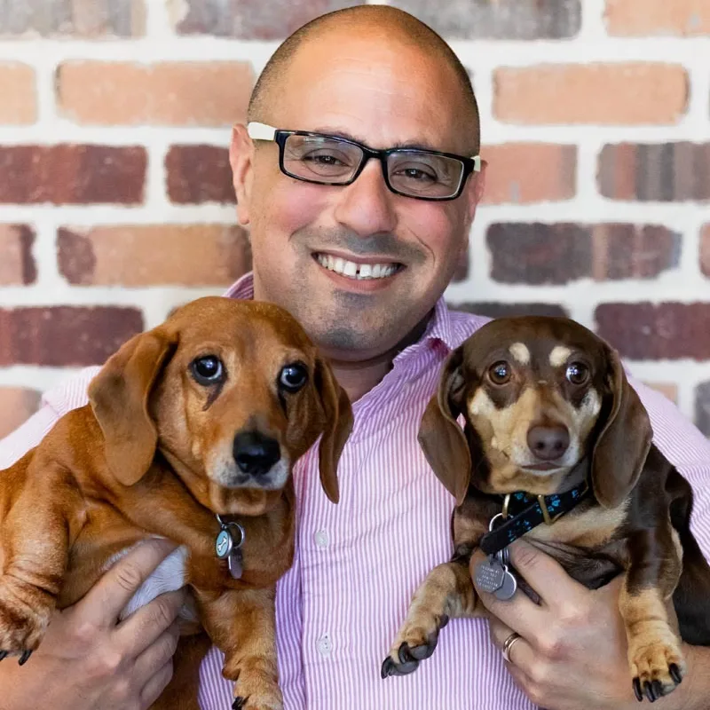 Dr. Moshe Oz, Vet at Rose Valley Veterinary Hospital, holding two dogs Dr. Moshe Oz, Vet at Rose Valley Veterinary Hospital, holding two dogs