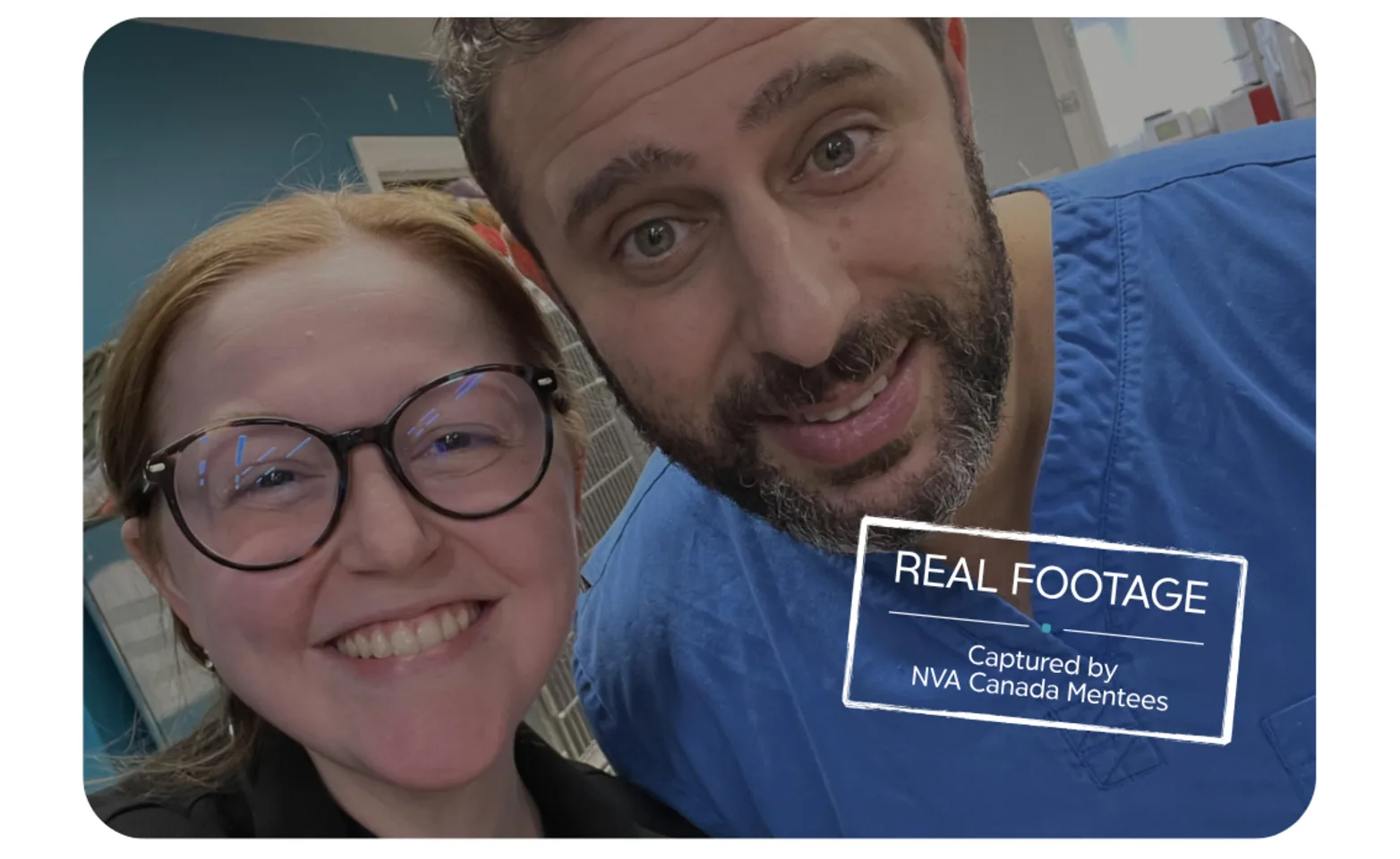 Two staff members smiling in blue scrubs. Two staff members smiling in blue scrubs.