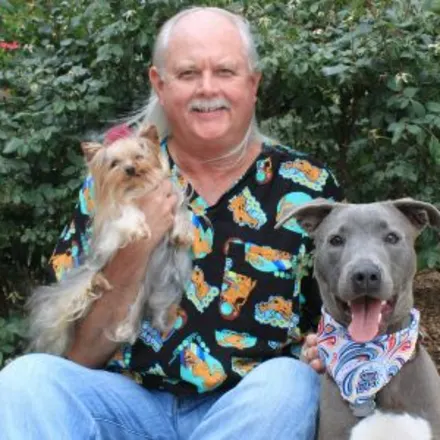 Dr. Barry Schmitt with two dogs at Stuebner Airline Veterinary Hospital