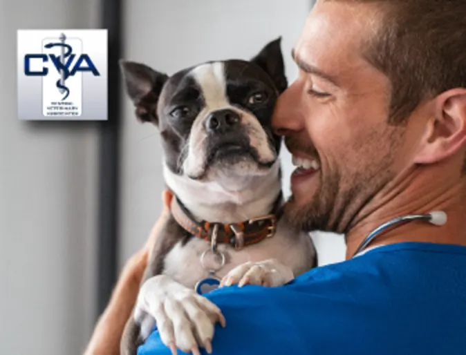 Premier Veterinary Medical Group Logo and a staff member holding a dog