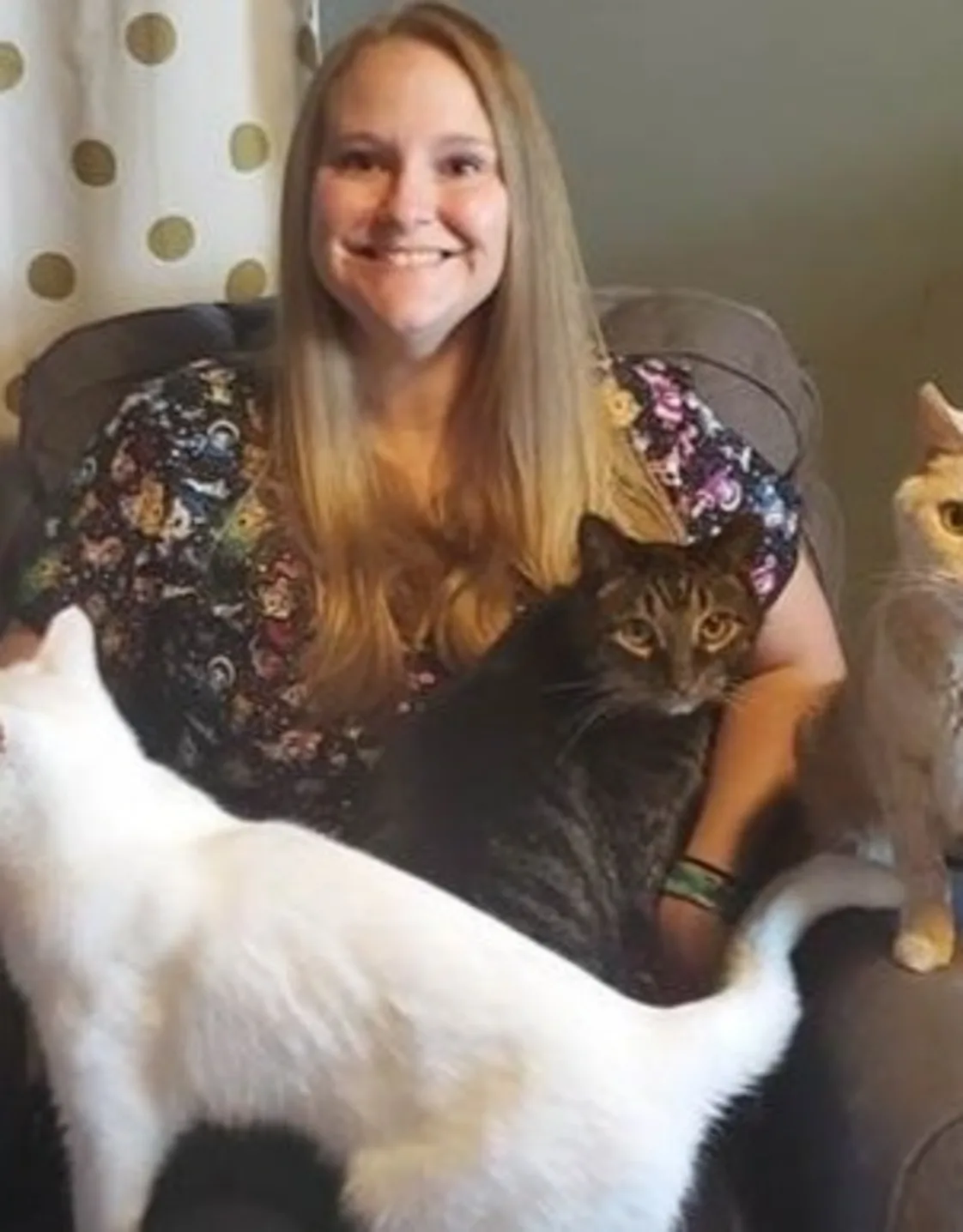 Staff photo from Niles Veterinary Clinic of Kourtney sitting on a blue couch with her two cats and little dog on her lap and arm chair, smiling. Staff photo from Niles Veterinary Clinic of Kourtney sitting on a blue couch with her two cats and little dog on her lap and arm chair, smiling.