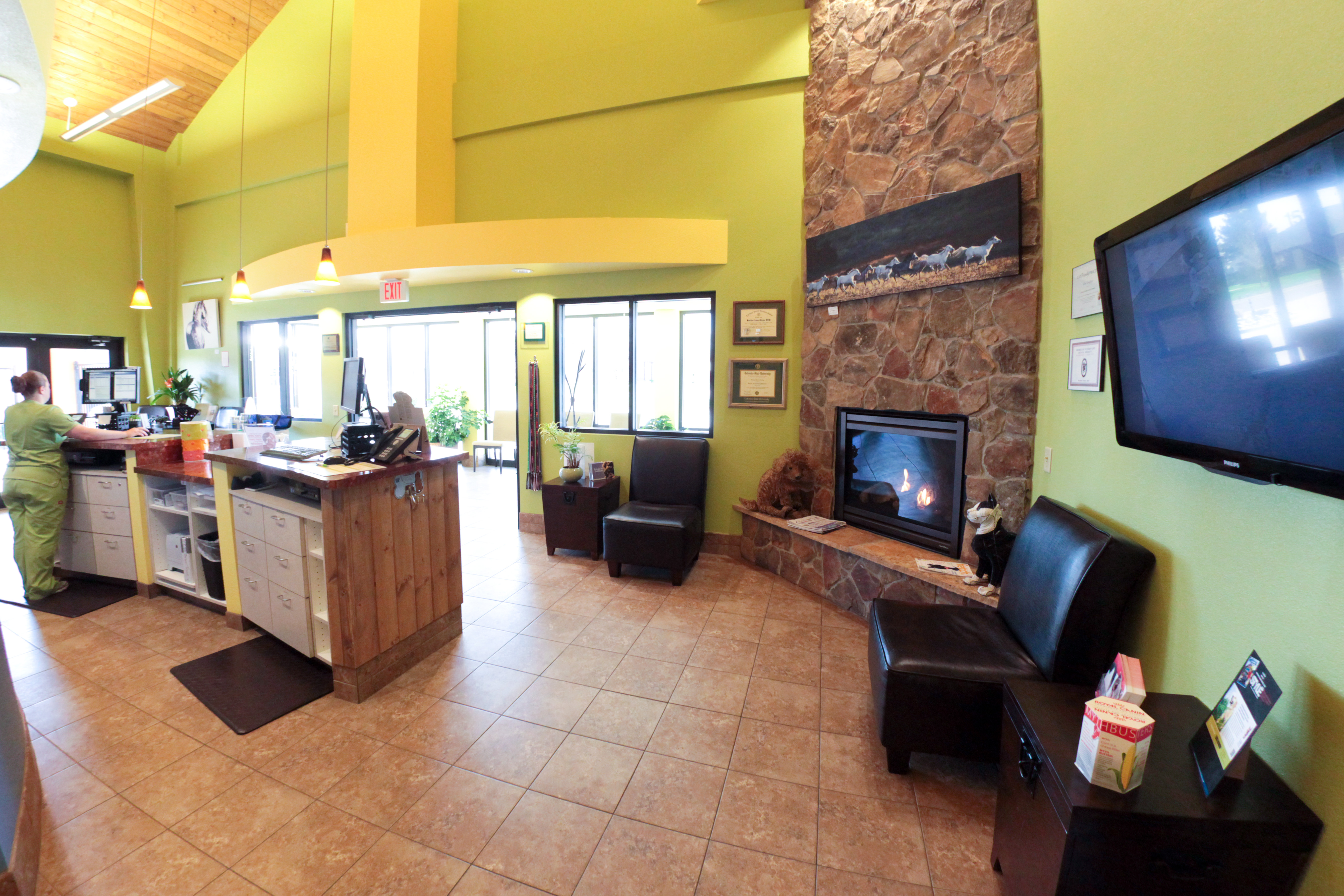 Advanced Animal Care of Colorado Lobby showing the television and the fireplace 