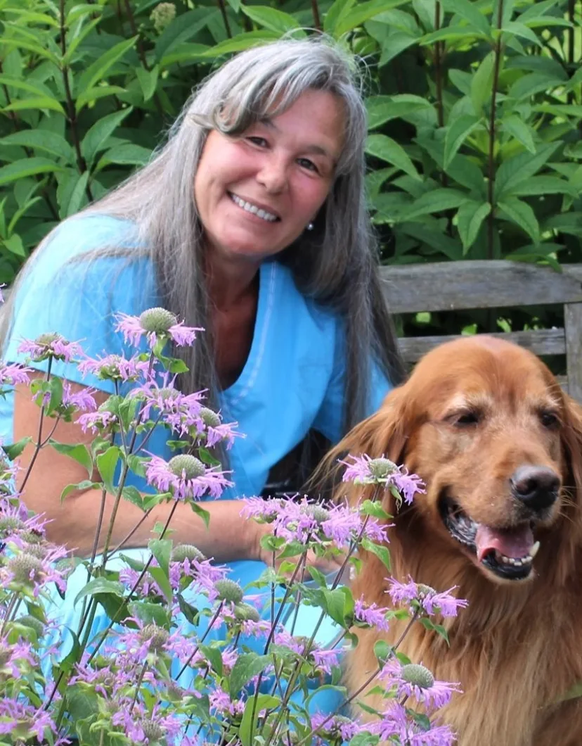 Shell at College Mall Veterinary Hospital with a golden retriever