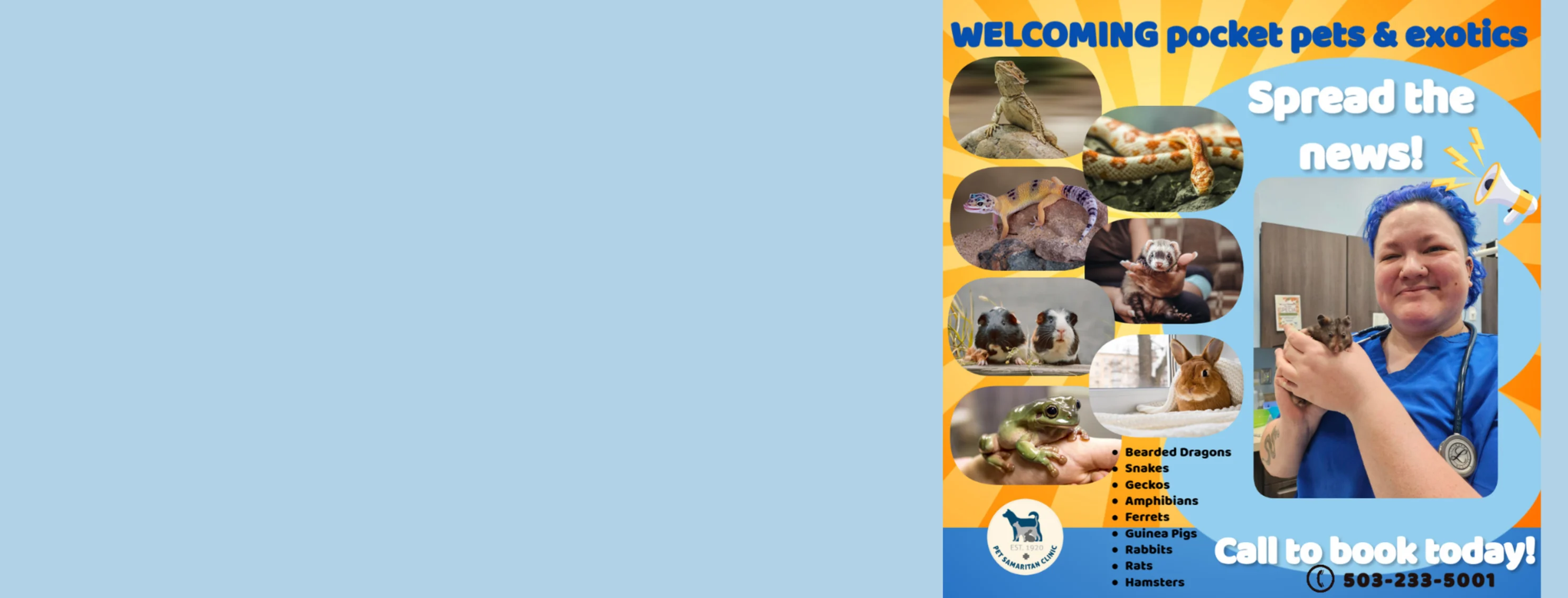 Now Accepting Reptiles, Pocket Pets, Amphibians, and Barnyard Poultry at Pet Samaritan Clinic Now Accepting Reptiles, Pocket Pets, Amphibians, and Barnyard Poultry at Pet Samaritan Clinic