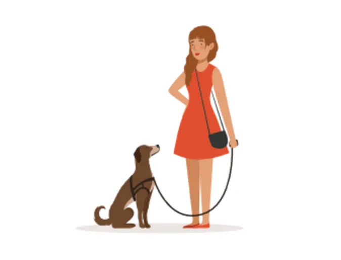 Cartoon illustration of a Woman Standing with a Brown Dog
