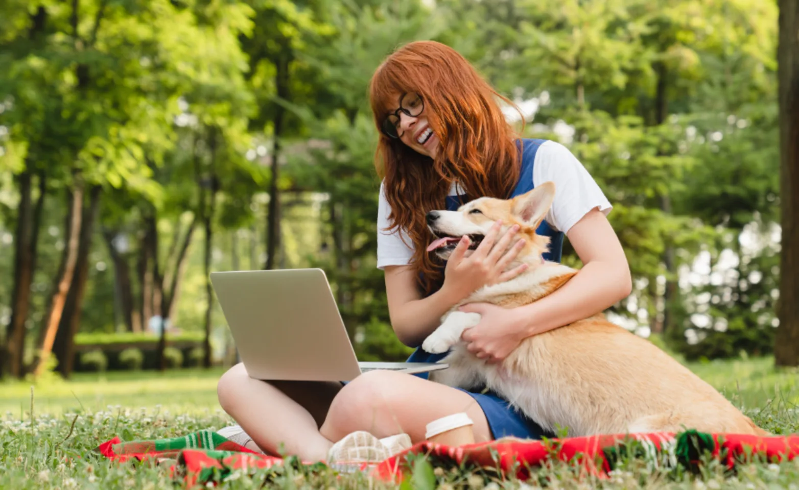 Girl Sitting at the Park with her Dog & Laptop Girl Sitting at the Park with her Dog & Laptop