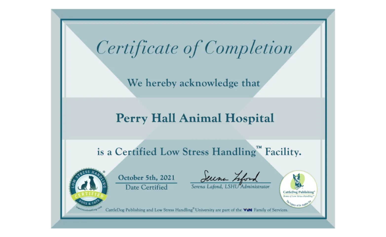 Perry Hall's certificate for Low-Stress Handling Facility Perry Hall's certificate for Low-Stress Handling Facility
