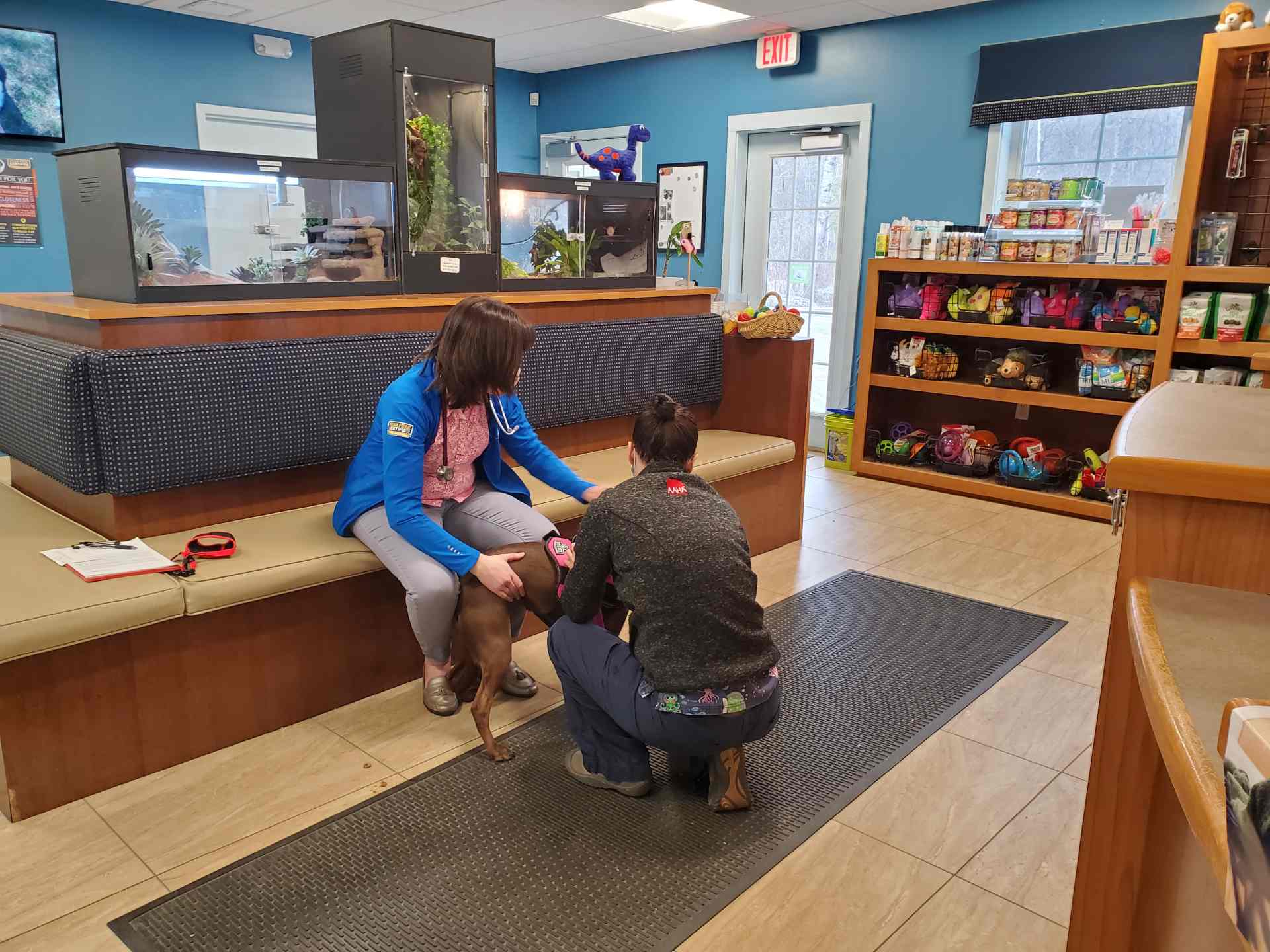 Staff and dog in the lobby 