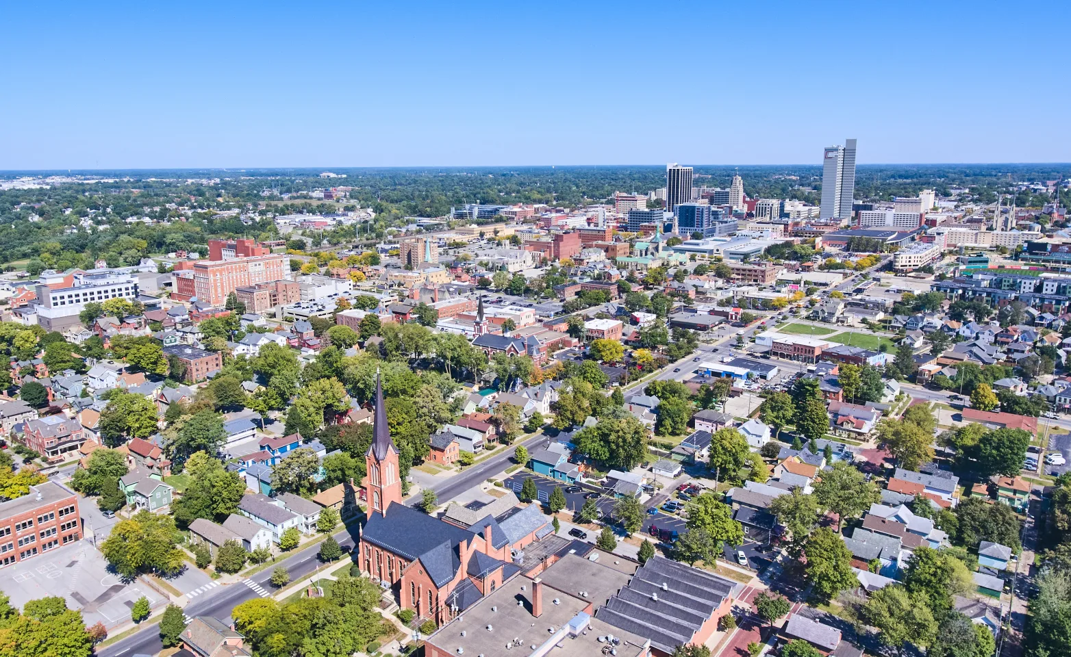 An aerial shot of Fort Wayne, IN