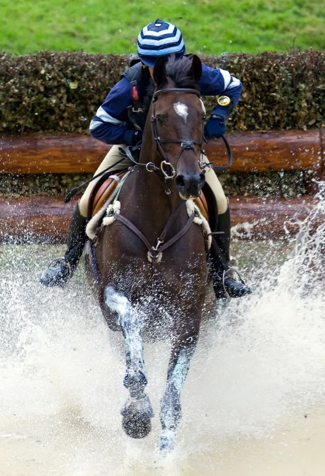 Horse with Rider Running Through Water