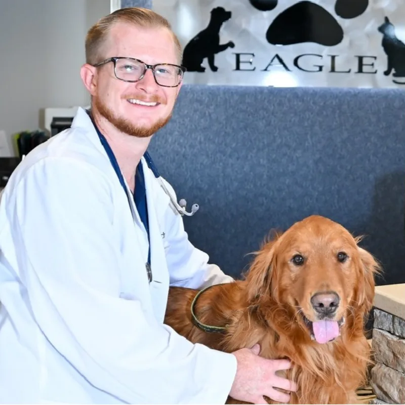 A veterinarian posing with a brown dog A veterinarian posing with a brown dog