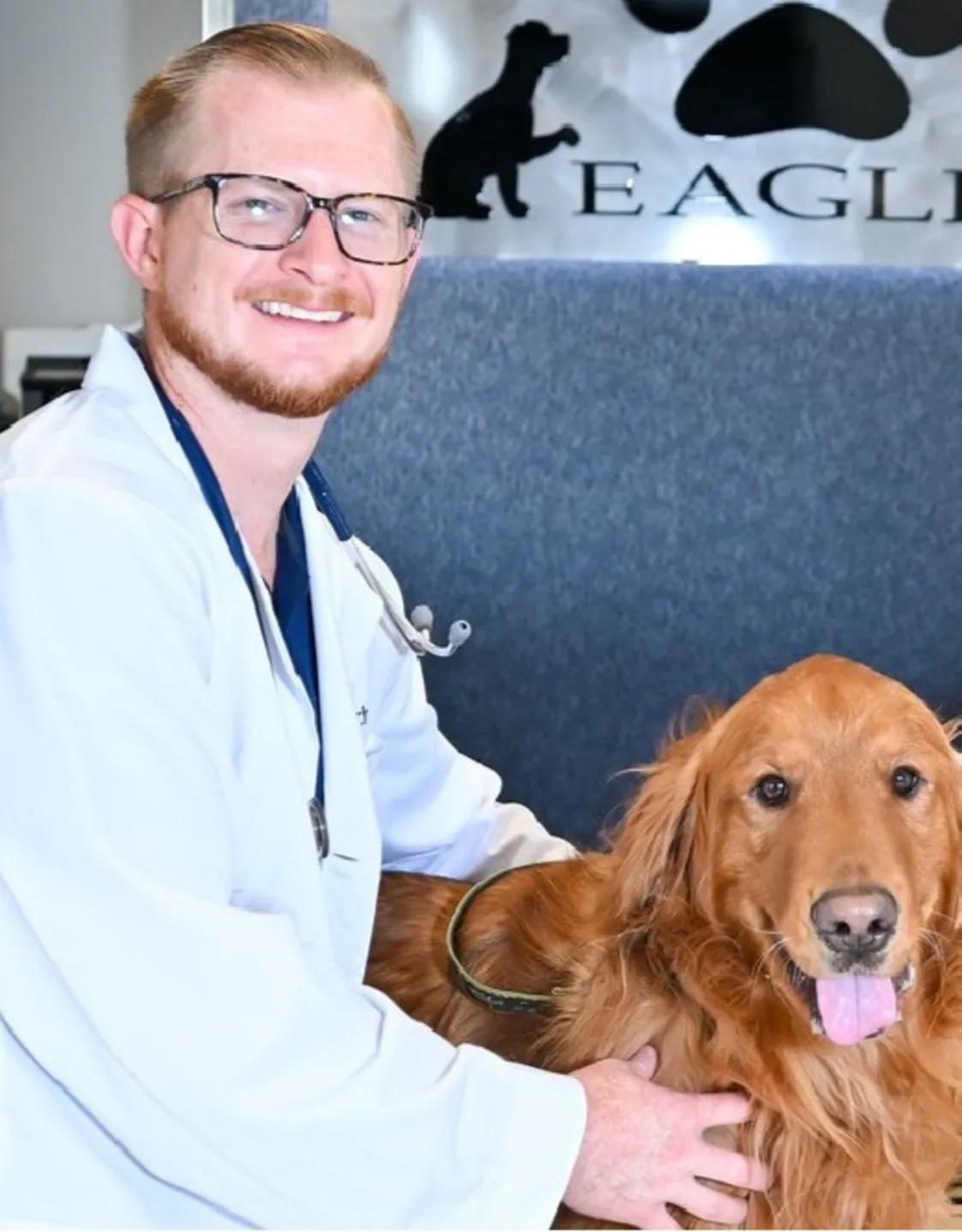 A veterinarian posing with a brown dog A veterinarian posing with a brown dog