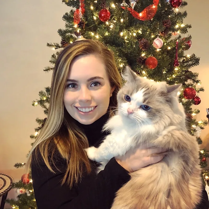 Catherine holding a large long-haired cat. Catherine holding a large long-haired cat.