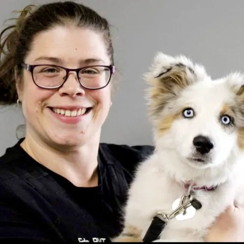 Williamstown Veterinary Services staff member Erin holding a dog