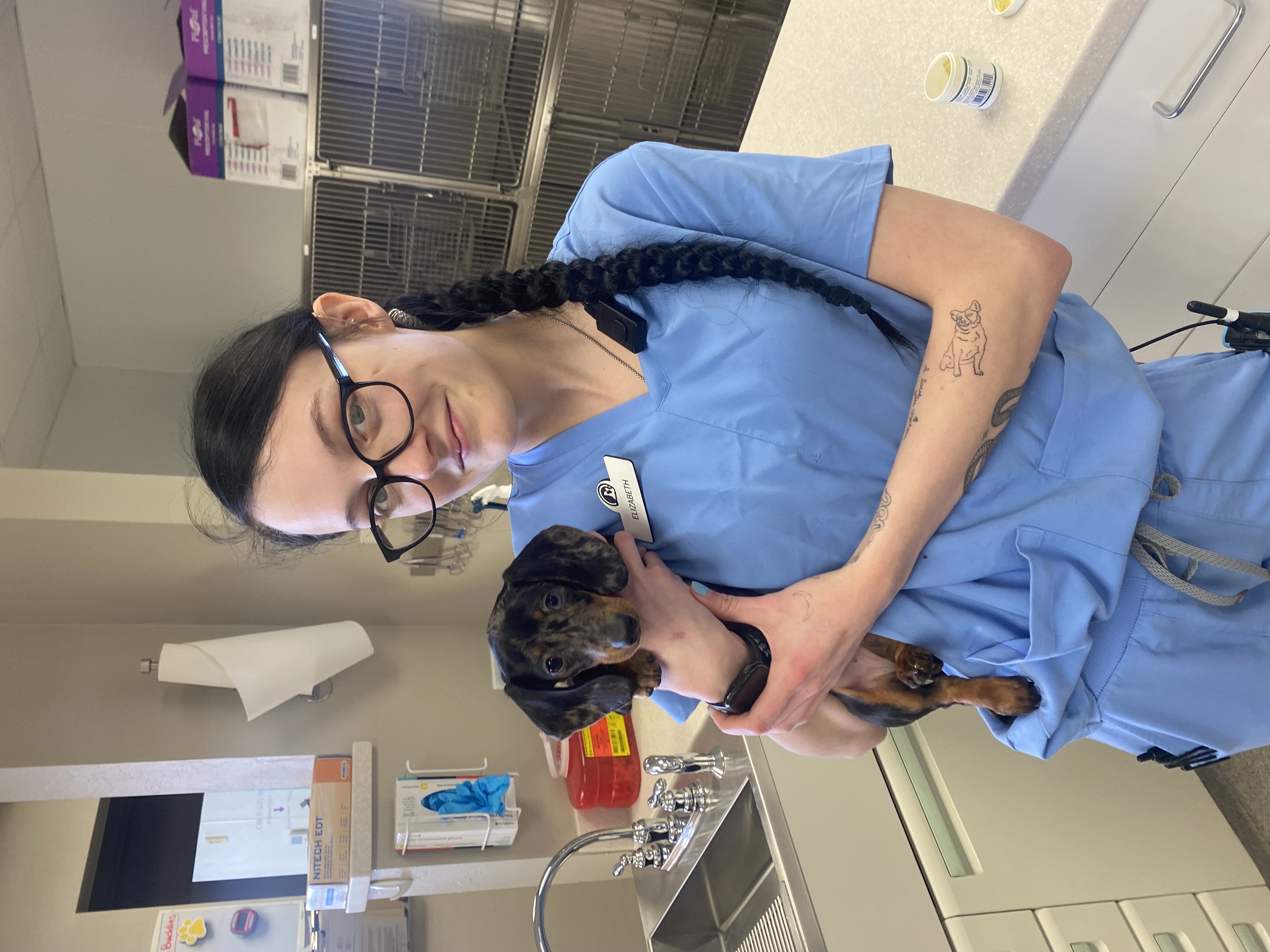 Employee with miniature Daschaund