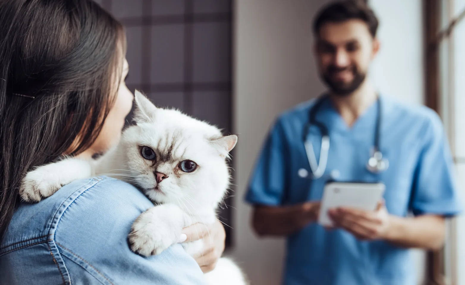 A woman holding a cat with a staff member A woman holding a cat with a staff member